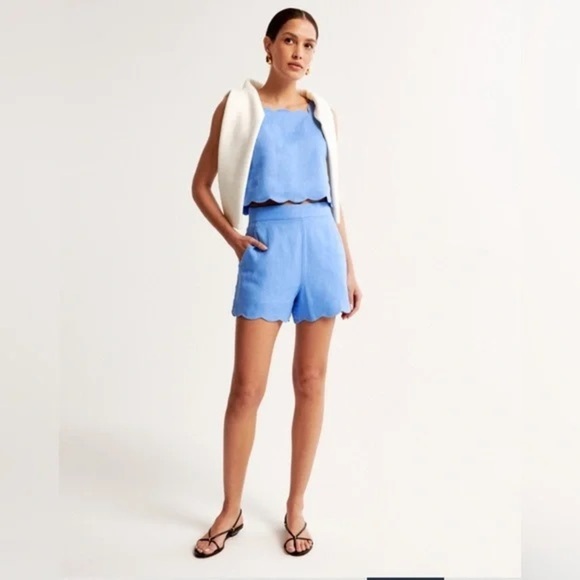 Abercrombie & Fitch Premium Linen Scallop-Hem Tailored Shorts Blue Size 32 NWT - Picture 1 of 6
